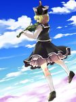  bad_id bad_pixiv_id blonde_hair blue_sky bow_(instrument) cloud day flying hat instrument kneehighs kneepits long_sleeves lunasa_prismriver music nise_nanatsura playing_instrument shirt shoes skirt skirt_set sky solo touhou vest violin white_legwear 