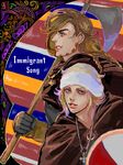  bad_id bad_pixiv_id blonde_hair brown_hair cloak fur_hat gyro_zeppeli hat horns ichi_(fe1538) johnny_joestar jojo_no_kimyou_na_bouken multiple_boys poleaxe steel_ball_run tegaki viking 