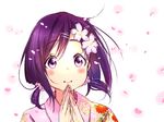  bad_id bad_pixiv_id blush brown_hair hanayamata low_twintails petals purple_eyes sekiya_naru solo steepled_fingers twintails ume_(plumblossom) 