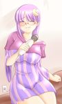  :3 alternate_costume bespectacled blush breasts closed_eyes contemporary crescent dress electric_socket glasses hair_ornament hairclip hitachi_magic_wand large_breasts long_hair massager patchouli_knowledge purple_hair reizou short_dress sitting smile solo striped touhou vertical_stripes 