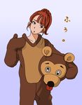  animal_costume bear_costume blue_background brown_hair cosplay earrings fanning_face gradient gradient_background head_removed highres jewelry kigurumi original ponytail simple_background skiplure solo sweat 