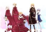  3girls blonde_hair blue_eyes bow brown_hair cape capelet charlotte_(pandora_hearts) closed_eyes cross doug_(pandora_hearts) dress earrings echo facial_mark fang_(pandora_hearts) flower formal frills gathers gloves green_eyes heterochromia hood jewelry lily_(pandora_hearts) long_hair mitsubi multiple_boys multiple_girls pandora_hearts pink_eyes pink_hair red_eyes short_hair skirt smile thighhighs vincent_nightray white_hair yellow_eyes 