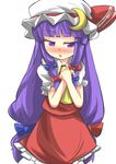  ascot blush chestnut_mouth cosplay crescent crescent_hair_ornament dress flandre_scarlet flandre_scarlet_(cosplay) gaoo_(frpjx283) hair_ornament hair_ribbon hands_together hat highres long_hair looking_at_viewer mob_cap patchouli_knowledge puffy_short_sleeves puffy_sleeves purple_eyes purple_hair red_dress ribbon short_sleeves solo touhou tress_ribbon 