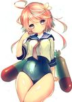  ahoge blush hair_ornament hairclip i-58_(kantai_collection) kantai_collection pink_hair red_eyes school_swimsuit school_uniform serafuku short_hair solo suzuho_hotaru swimsuit swimsuit_under_clothes torpedo 