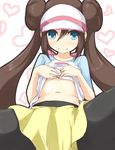  black_legwear blue_eyes bow brown_hair crotch double_bun heart heart_background kuro_(be_ok) long_hair mei_(pokemon) navel pantyhose pokemon pokemon_(game) pokemon_bw2 raglan_sleeves shirt_lift short_shorts shorts smile solo twintails very_long_hair visor_cap 