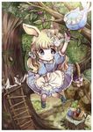  animal_ears apron basket berries bird blonde_hair blue_eyes blush bread bunny_ears dress flower food hair_flower hair_ornament head_wreath ladder long_hair mokarooru original shoes sitting smile solo tree twintails 