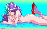  1girl aliasing animahjong animahjong_x ass blue_eyes blue_hair breasts game_cg looking_at_viewer multicolored_hair nude okada_natsuki purple_hair simple_background sogna solo wink 