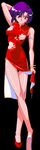  1girl aliasing animahjong animahjong_x bad_hands black_background bracelet breasts china_dress chinese_clothes dress earrings jewelry large_breasts looking_at_viewer lots_of_jewelry miyabi_(animahjong) purple_hair red_eyes short_hair simple_background sogna solo 
