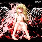  bad_id bad_pixiv_id barefoot blonde_hair blood blood_splatter breasts collarbone fallen_angel feet hand_on_own_chest long_hair nipples nude original red_eyes sitting small_breasts solo tongue tongue_out very_long_hair wings yua_(checkmate) 