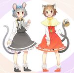  accessories_switch animal_ears basket bow brown_eyes brown_hair capelet cat cat_ears cat_tail chen chen_(cosplay) chestnut_mouth cosplay costume_switch dress ear_piercing fang gem grey_dress grey_hair hat ibaraki_natou jewelry kitten long_sleeves mob_cap mouse_ears mouse_tail multiple_girls multiple_tails nazrin nazrin_(cosplay) necklace nekomata open_mouth pendant piercing red_dress red_eyes shirt single_earring smile tail touhou 