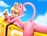  ;) animal_costume ass blonde_hair blue_eyes breasts cat_costume cat_tail crown earrings gloves jewelry lips lying mario_(series) neocoill nose on_stomach one_eye_closed paw_gloves paws princess_peach pussy pussy_juice short_hair smile solo super_mario_3d_world super_mario_bros. tail watermark web_address 