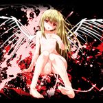  bad_id bad_pixiv_id barefoot blonde_hair blood blood_splatter collarbone fallen_angel feet hand_on_own_chest long_hair nude original red_eyes sitting solo suggestive_fluid tongue tongue_out very_long_hair wings yua_(checkmate) 