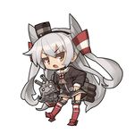  amatsukaze_(kantai_collection) brown_eyes chibi choker dress garter_straps hair_ornament hair_tubes hairband itsukia kantai_collection long_hair looking_at_viewer machinery md5_mismatch open_mouth rensouhou-kun sailor_dress short_dress silver_hair simple_background solo standing striped striped_legwear thighhighs two_side_up white_background zettai_ryouiki 