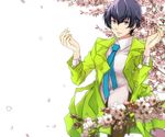  alternate_costume arms_up blue_eyes blue_hair coat earrings flower jewelry kknoe looking_at_viewer necktie persona persona_4 petals reverse_trap shirogane_naoto short_hair solo tree white_background 