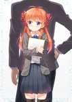  1girl 3: ahoge back back-to-back black_legwear blush bow brown_hair gekkan_shoujo_nozaki-kun hair_bow hair_ornament hair_ribbon hand_on_hip height_difference holding hyuuga_azuri long_hair notebook nozaki_umetarou object_hug out_of_frame pleated_skirt polka_dot polka_dot_bow ribbon rouman_academy_uniform sakura_chiyo school_uniform skirt thighhighs zettai_ryouiki 