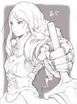  agrias_oaks armor braid breastplate corset final_fantasy final_fantasy_tactics foreshortening gauntlets greyscale ina_(gokihoihoi) knight long_hair monochrome planted_sword planted_weapon reverse_grip single_braid sketch solo sword weapon 