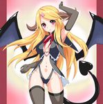  arm_up armpits ass_visible_through_thighs blonde_hair bochi_(yamakan) bow bowtie center_opening demon_girl demon_horns demon_tail demon_wings eyelashes highres horns leotard long_hair looking_at_viewer navel original pink_eyes pointy_ears red_bow red_neckwear solo standing stomach succubus tail wings 