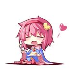  blush cake chibi closed_eyes food fork hairband heart komeiji_satori ominaeshi_(takenoko) open_mouth pink_hair plate short_hair simple_background sitting slice_of_cake solo touhou white_background 