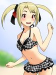  bikini bikini_skirt blonde_hair blush breasts commentary_request dani-ikapi freckles idolmaster idolmaster_dearly_stars looking_at_viewer open_mouth plaid plaid_bikini small_breasts solo suzuki_ayane swimsuit twintails 