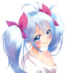  bad_id bad_pixiv_id bare_shoulders blue_eyes blue_hair blush bow denpa_onna_to_seishun_otoko hair_bow long_hair looking_at_viewer looking_back nanamics off_shoulder simple_background smile solo touwa_erio twintails white_background 