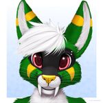  anthro big_eyes cute fangs fur fuzzy hair happy jamesfoxbr looking_at_viewer male mammal open_mouth piercing plain_background red_eyes sharp_teeth smile solo teeth 