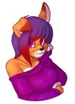  big_breasts black_nose breasts canine fangs female fyxe happy lintu looking_at_viewer mammal off_shoulder purple_eyes smile solo sweater 