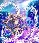  blue_eyes blue_sky bracelet circlet cliff cloud flower hair_ornament instrument jewelry lakshmi_(p&amp;d) leaf long_hair looking_at_viewer lotus lute_(instrument) necklace outdoors plant purple_hair puzzle_&amp;_dragons shipii_(jigglypuff) sky solo star_(sky) starry_sky water 