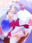  alternate_form anmitsu_komachi armpits ass back_bow boots bow bow_by_hair breasts cure_fortune detached_sleeves earrings embarrassed eyelashes happinesscharge_precure! hikawa_iona japanese_clothes jewelry long_hair looking_down magical_girl open_mouth panties pink_skirt ponytail precure purple_eyes purple_hair ribbon skirt small_breasts solo thigh_boots thighhighs tj-type1 underwear white_panties wide_ponytail 