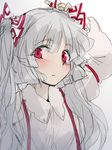  alternate_hairstyle blouse blush fujiwara_no_mokou geppewi hair_ribbon hand_on_own_head long_hair long_sleeves looking_at_viewer red_eyes ribbon solo suspenders touhou twintails white_blouse white_hair 