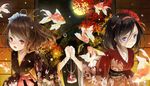  bag black_hair blue_eyes brown_hair fish goldfish hair_ornament hairband hands_together interlocked_fingers japanese_clothes looking_at_viewer multiple_girls open_mouth original red_eyes reio_reio short_hair smile string 