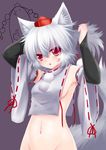  animal_ears blush bottomless breasts bridal_gauntlets detached_sleeves groin hat inubashiri_momiji looking_at_viewer navel no_bra open_mouth out-of-frame_censoring red_eyes shameimaru_aya short_hair silver_hair small_breasts solo tail thumbs_up tokin_hat touhou wolf_ears wolflong 