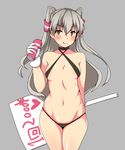  amatsukaze_(kantai_collection) bikini brown_eyes criss-cross_halter gloves halter_top halterneck holding holding_sign kantai_collection koha_(midnight_pleasure) long_hair placard sign silver_hair solo swimsuit tenga two_side_up 