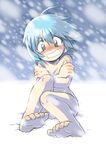  ahoge barefoot blue_eyes blue_hair blush breasts cleavage cold covering covering_breasts crossed_arms feet full_body medium_breasts nude original oyatsu_(mk2) sitting snow snowing soles solo sweatdrop toes 