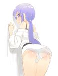  against_wall ass bakutendou blush bra dougi from_behind happinesscharge_precure! hikawa_iona long_hair looking_at_viewer looking_back no_pants panties ponytail precure purple_eyes purple_hair shirt_pull solo spanked tears underwear 