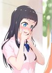  1girl black_hair blue_eyes blush bow bowtie hands hands_on_own_face heart heart-shaped_pupils hi_iro highres long_hair looking_down open_mouth original smile solo_focus sweatdrop symbol-shaped_pupils 