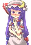  blush cosplay crescent crescent_hair_ornament dress elbow_rest gaoo_(frpjx283) hair_ornament hair_ribbon hat highres long_hair looking_at_viewer mob_cap no_wings patchouli_knowledge pink_dress puffy_short_sleeves puffy_sleeves purple_eyes purple_hair remilia_scarlet remilia_scarlet_(cosplay) ribbon short_sleeves solo touhou tress_ribbon very_long_hair 