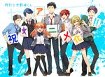  4boys announcement_celebration black_legwear bow copyright_name gekkan_shoujo_nozaki-kun hair_bow hori_masayuki kashima_yuu mikoshiba_mikoto miniskirt multiple_boys multiple_girls nozaki_umetarou pleated_skirt polka_dot polka_dot_bow rouman_academy_uniform sakura_chiyo school_uniform seo_yuzuki skirt takumi_(scya) thighhighs translation_request wakamatsu_hirotaka zettai_ryouiki 