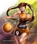  basketball black_leotard breasts brown_hair cleavage clothes_writing fishnets ge_xi hair_ribbon hands huge_breasts leotard long_hair muscle orange_leotard orange_shorts original red_eyes ribbon shorts solo twintails watermark web_address yellow_eyes 