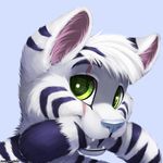  anthro cute feline fur fuzzy green_eyes happy invalid_tag jamesfoxbr looking_at_viewer male mammal nom open_mouth plain_background scar solo stripes tiger white_fur 