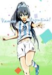  2014_fifa_world_cup adidas argentina black_hair blue_eyes color_connection confetti fang ganaha_hibiki high_ponytail idolmaster idolmaster_(classic) kneehighs long_hair looking_at_viewer navel open_mouth outstretched_arm ryuu. shorts soccer soccer_uniform solo spanish sportswear translated world_cup 