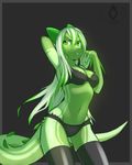  female green_eyes green_hair green_skin hair lingerie lizard panties reptile scalie solo underwear yuurikin 