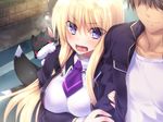  1girl akiyama_fuuka blonde_hair blush boku_to_keiyakushite_osananajimi_seitokaichou_ni_saimin_wo_kakeyou! cat eyes_closed game_cg kumatora_tatsumi long_hair open_mouth purple_eyes smile 