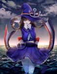  aki663 braid brown_hair closed_eyes cloud dress hair_ribbon hat hat_ribbon highres instrument long_hair ocarina oounabara_to_wadanohara pantyhose pointy_ears ribbon sailor_dress solo standing star_(sky) tears twin_braids wadanohara wading water white_legwear witch_hat 