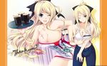  ;) ;d alcohol bare_shoulders beer beer_mug blonde_hair blue_eyes bracelet breasts budweiser cleavage cross cross_necklace denim dress green_eyes hand_on_hip hand_on_thigh highres iizuki_tasuku jeans jewelry laila_lia_sorel large_breasts long_hair looking_at_viewer necklace one_eye_closed open_mouth pants ponytail shiden_enkan_no_kizuna short_dress simple_background smile taut_clothes tray 