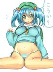  arm_at_side arm_up bad_id bad_pixiv_id blue_eyes blue_hair blue_shirt breasts gradient_eyes kawashiro_nitori key knees_together_feet_apart lace lace-trimmed_panties long_sleeves looking_at_viewer medium_breasts midriff multicolored multicolored_eyes panties po._(medamaoyazi) shirt short_hair short_twintails side-tie_panties sitting solo tight_shirt touhou translated twintails two_side_up underwear 
