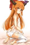  ass bare_shoulders barefoot bow brown_eyes feet flat_chest full_body hair_bow highres horn_bow horns ibuki_suika kneeling lingerie long_hair looking_at_viewer looking_to_the_side negligee nishiuri orange_hair panties pointy_ears see-through side-tie_panties slit_pupils soles solo thighhighs toes touhou underwear underwear_only white_background white_legwear white_panties 