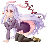  all_fours animal_ears black_legwear blush bunny_ears heart heart-shaped_pupils highres long_hair looking_at_viewer morochin_(mo_loss_an) necktie purple_hair red_eyes reisen_udongein_inaba revision skirt smile solo symbol-shaped_pupils thighhighs touhou very_long_hair white_background 