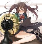  bare_legs black_panties blush brown_eyes brown_hair electric_fan fan hair_ribbon kabocha_(monkey4) kantai_collection long_hair open_mouth panties pelvic_curtain remodel_(kantai_collection) ribbon school_uniform serafuku sitting skirt solo spread_legs tone_(kantai_collection) twintails underwear white_ribbon 