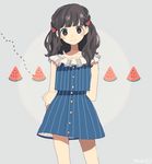  artist_name blush brown_eyes brown_hair dress food food_themed_hair_ornament fruit hair_ornament hairclip long_hair maco22 original smile solo striped vertical-striped_dress vertical_stripes watermelon watermelon_hair_ornament wavy_hair 