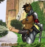  anthro armor balls big_breasts blue_eyes breasts chainmail clothing cum dickgirl equine erect_penis g1r0r0 horse horsecock intersex leather looking_at_viewer mammal nipples orgasm penis solo sword weapon 